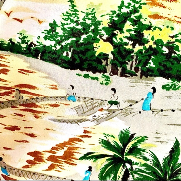 Vintage Woolcrest 50’s Men’s Hawaiian shirt w/palm trees w/populated sandy beach - Picture 9 of 11